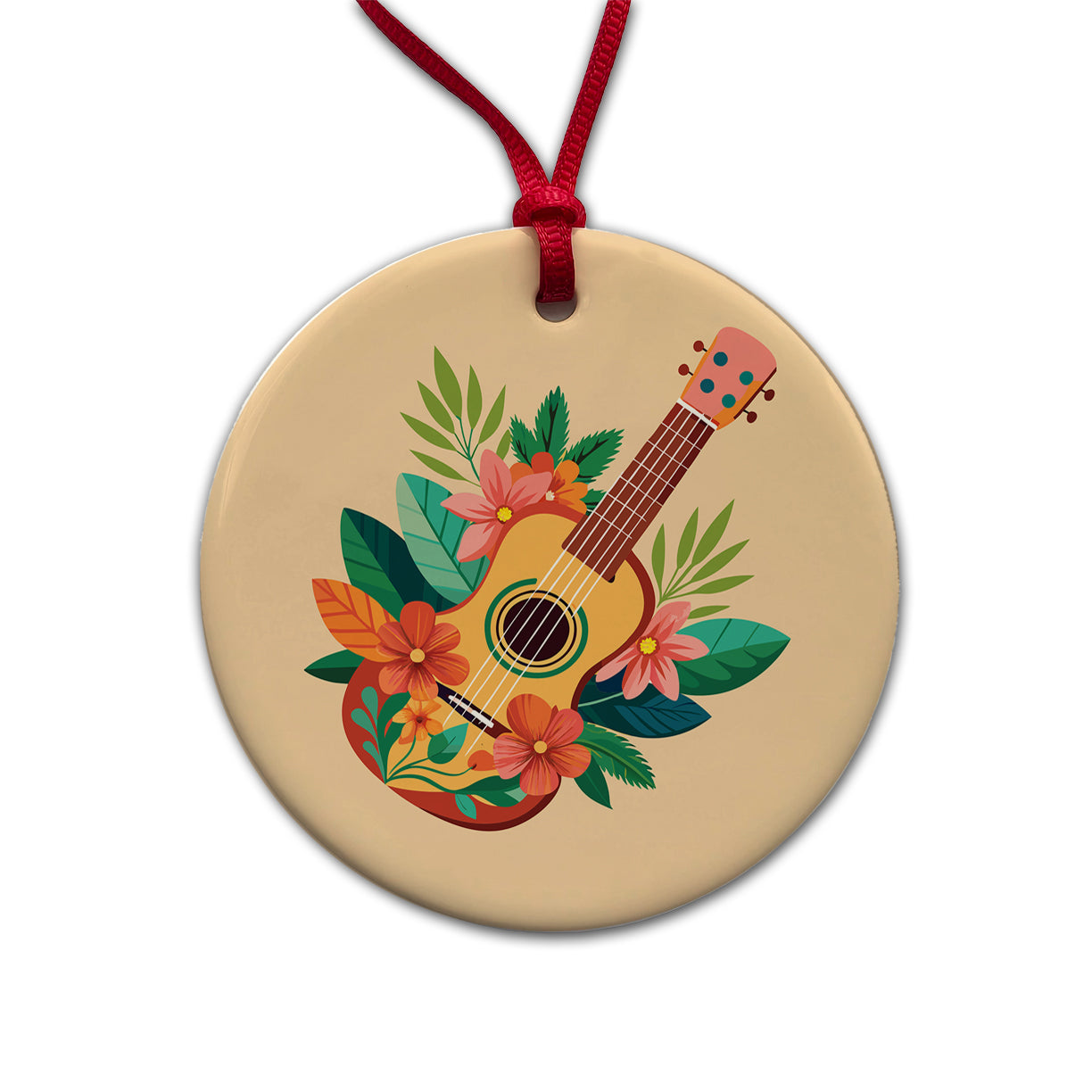 Ukulele Music Tropical Floral Motif Round Ceramic Holiday Christmas Tree Ornament