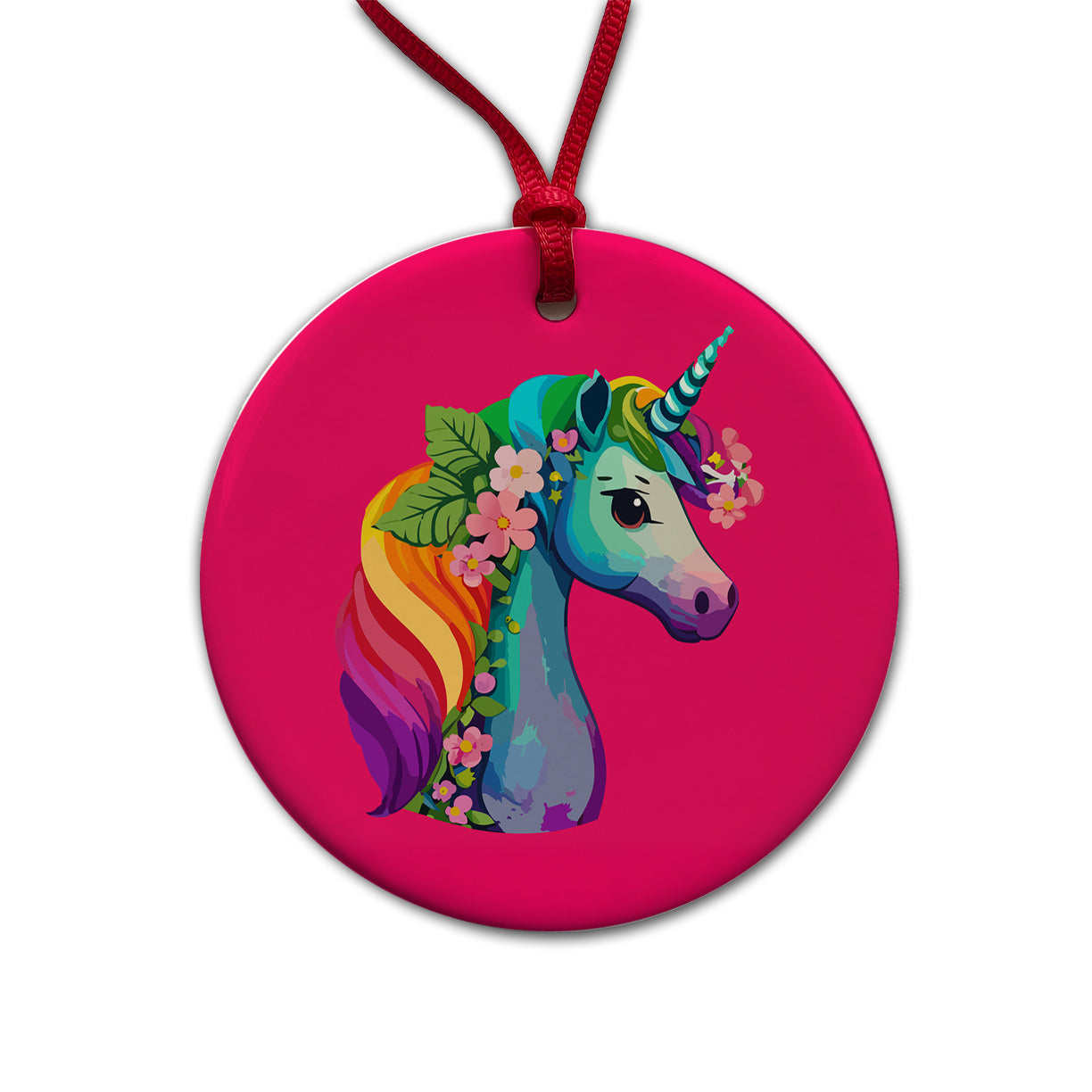 Unicorn Rainbow Head Flowers Round Ceramic Holiday Christmas Tree Ornament