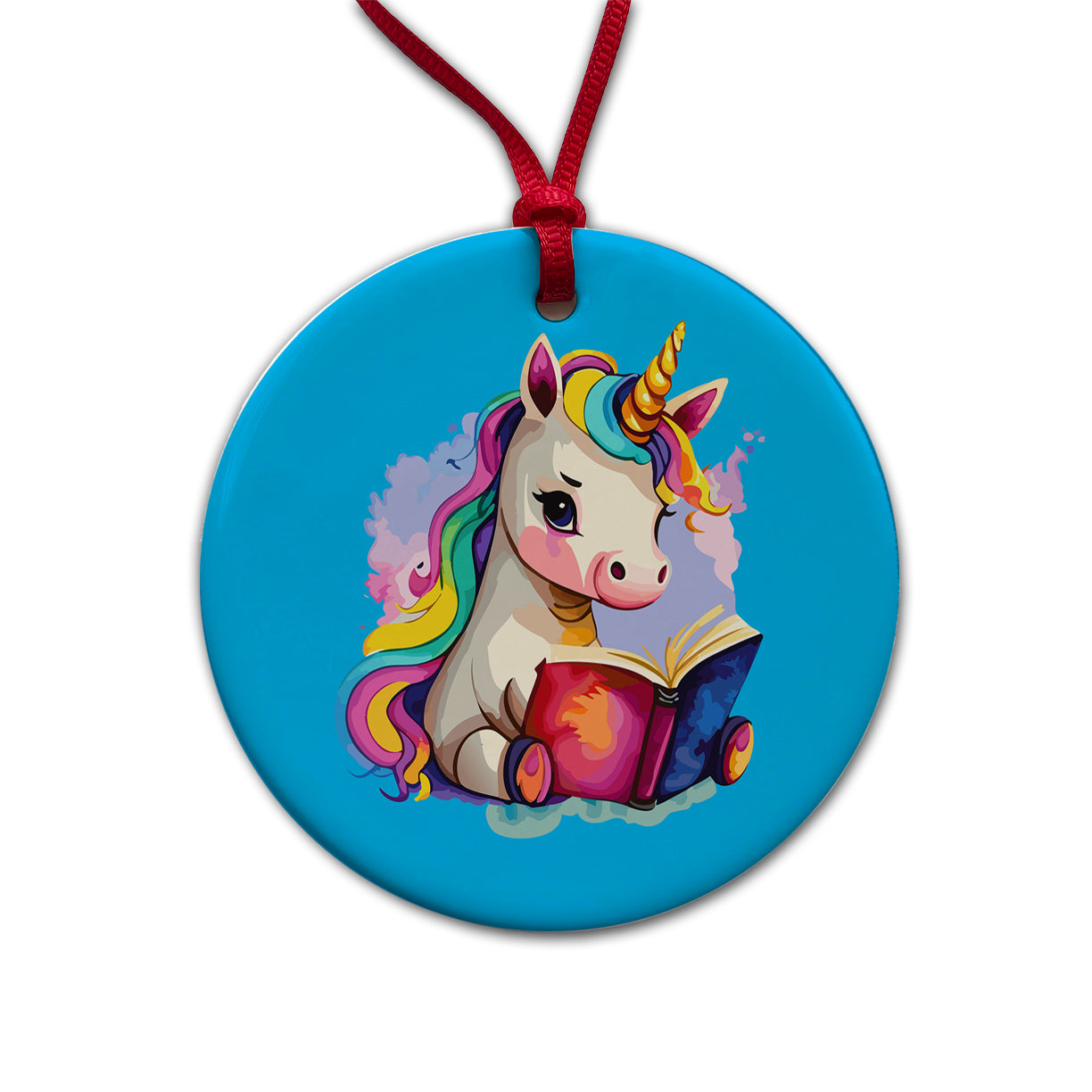 Unicorn Reading Book Reader Round Ceramic Holiday Christmas Tree Ornament