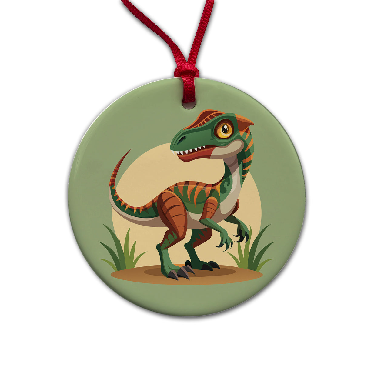 Velociraptor Dinosaur Round Ceramic Holiday Christmas Tree Ornament
