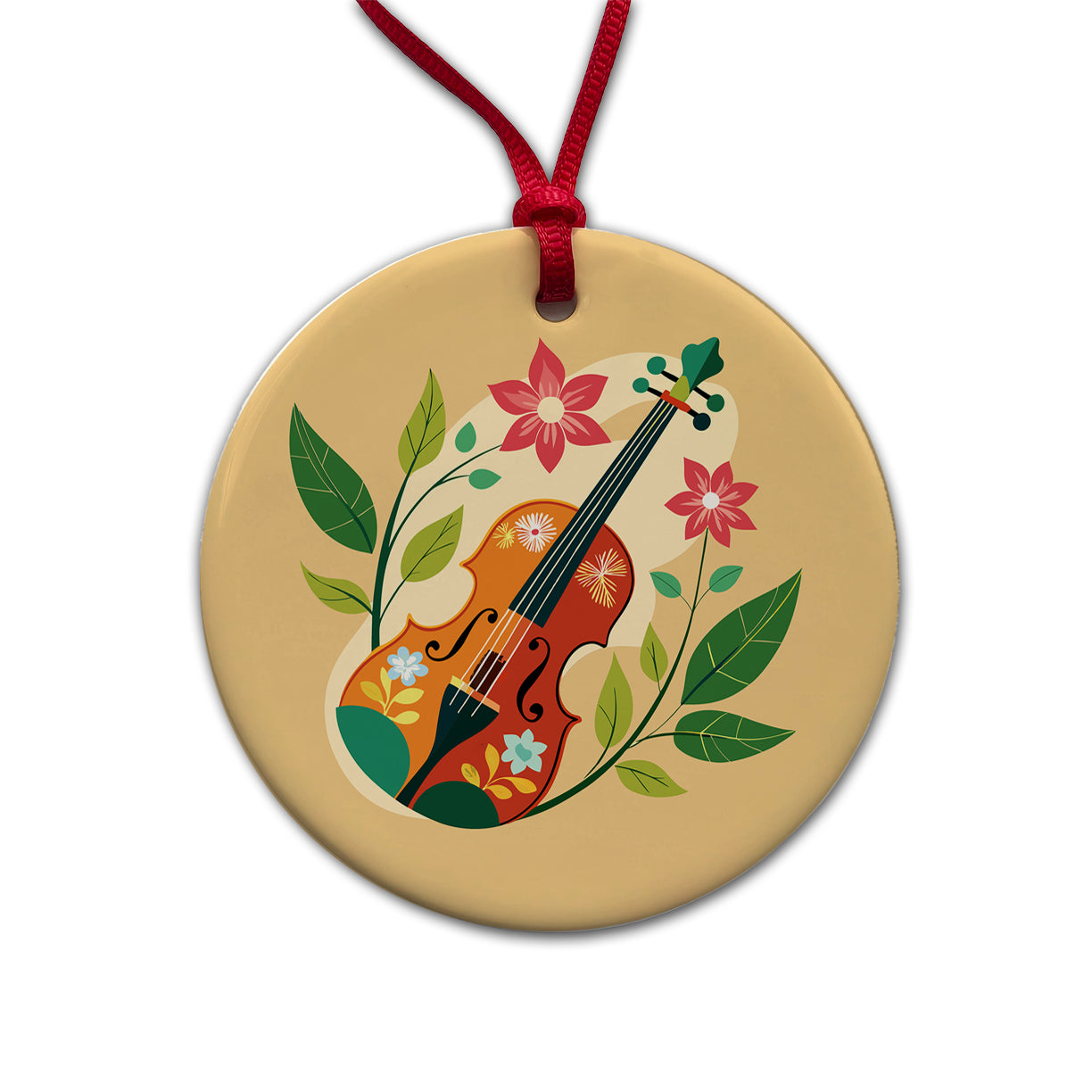 Violin Music Floral Motif Round Ceramic Holiday Christmas Tree Ornament