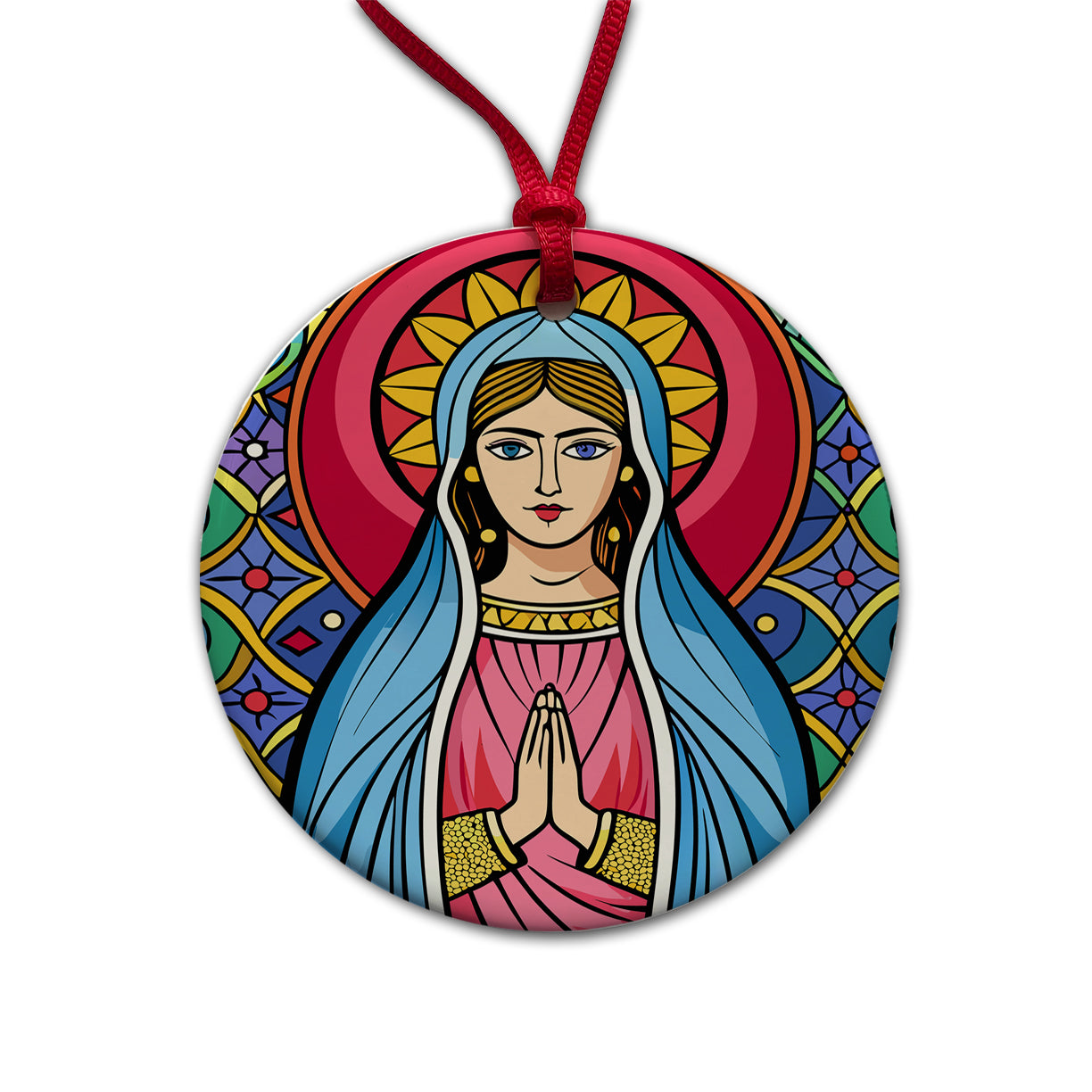 Virgin Mary Stained Glass Christian Religious Catholic Round Ceramic Holiday Christmas Tree Ornament