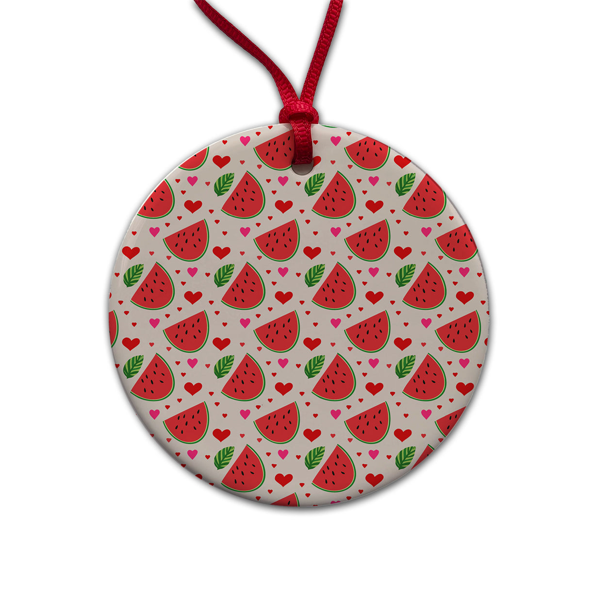 Watermelon Hearts Pattern Round Ceramic Holiday Christmas Tree Ornament