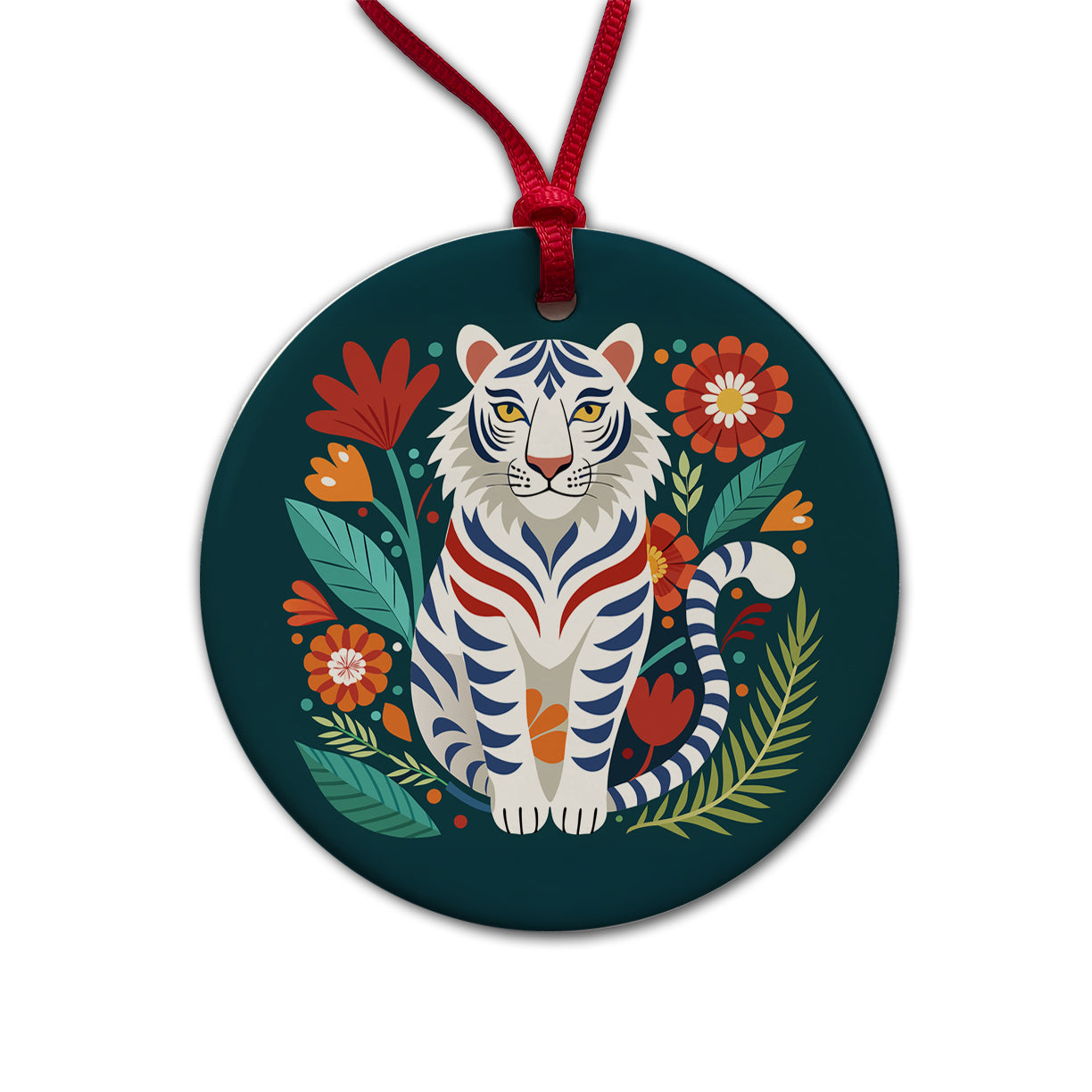 White Tiger Floral Flowers Round Ceramic Holiday Christmas Tree Ornament