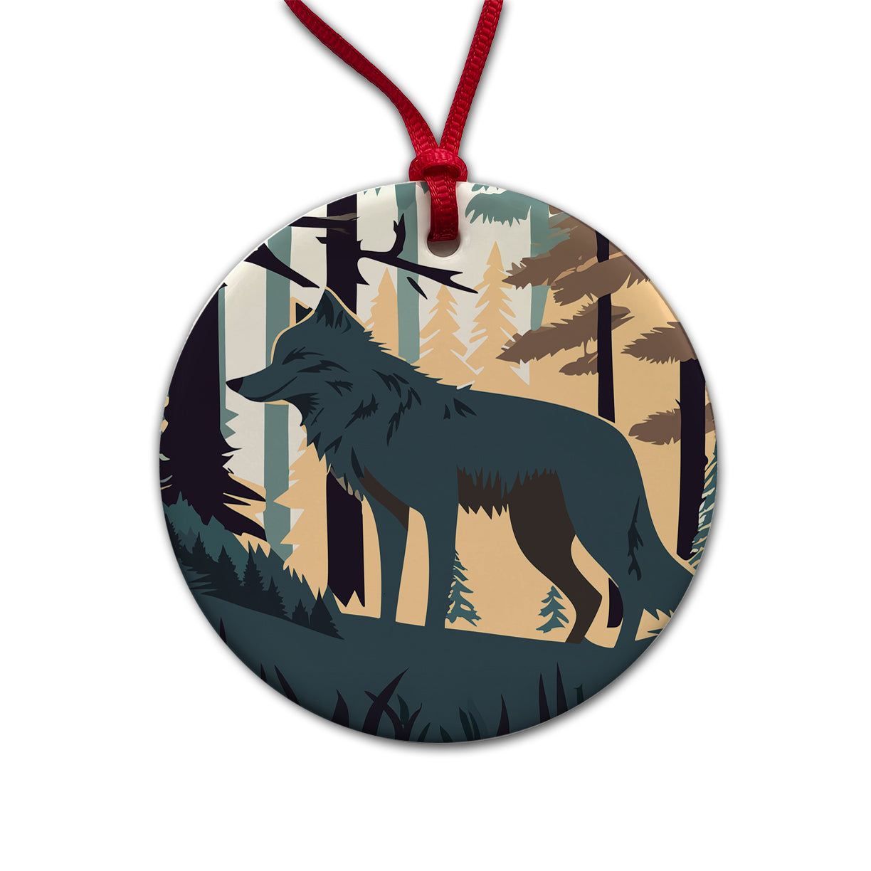 Wolf Gray in Forest Round Ceramic Holiday Christmas Tree Ornament