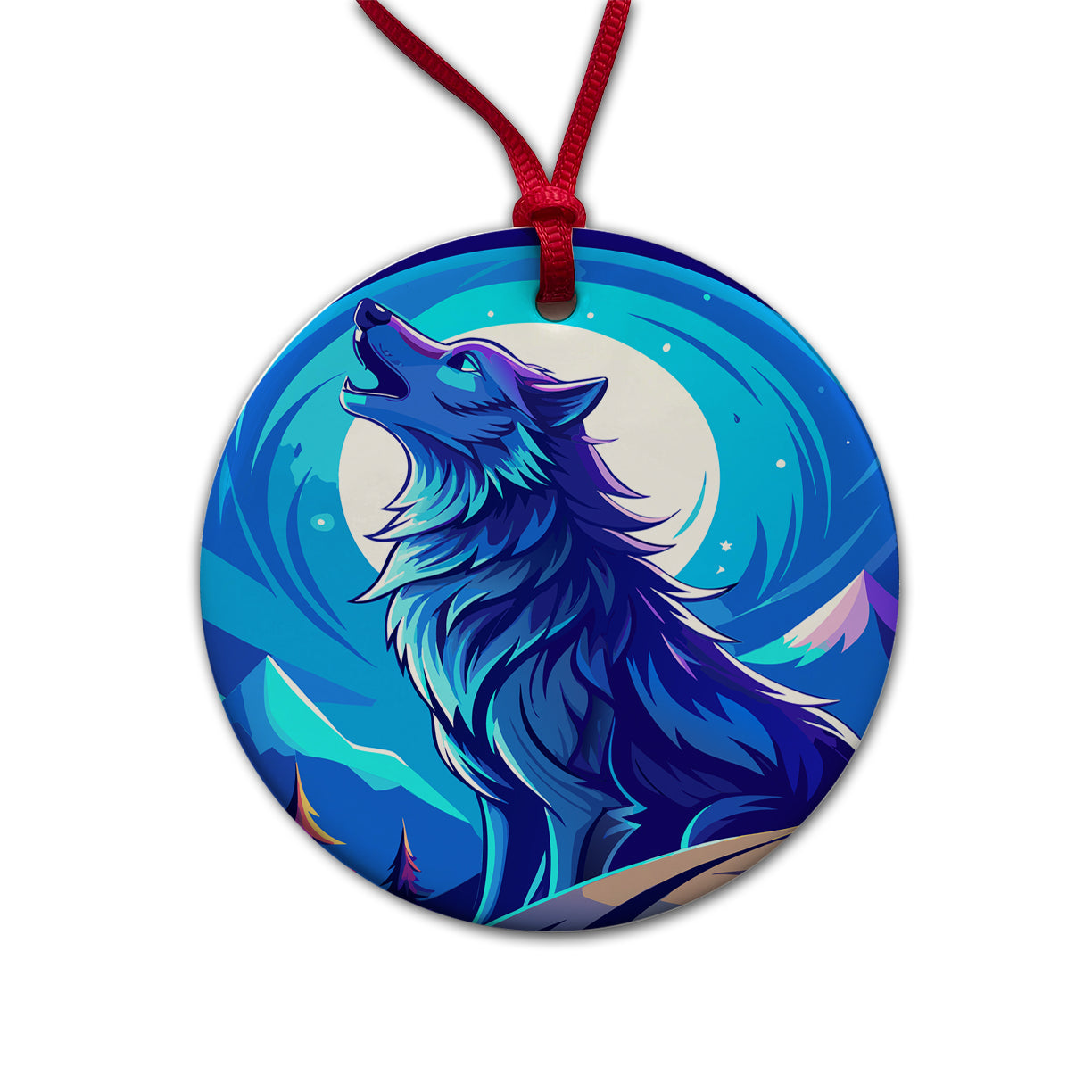 Wolf Howling at Blue Moon Round Ceramic Holiday Christmas Tree Ornament