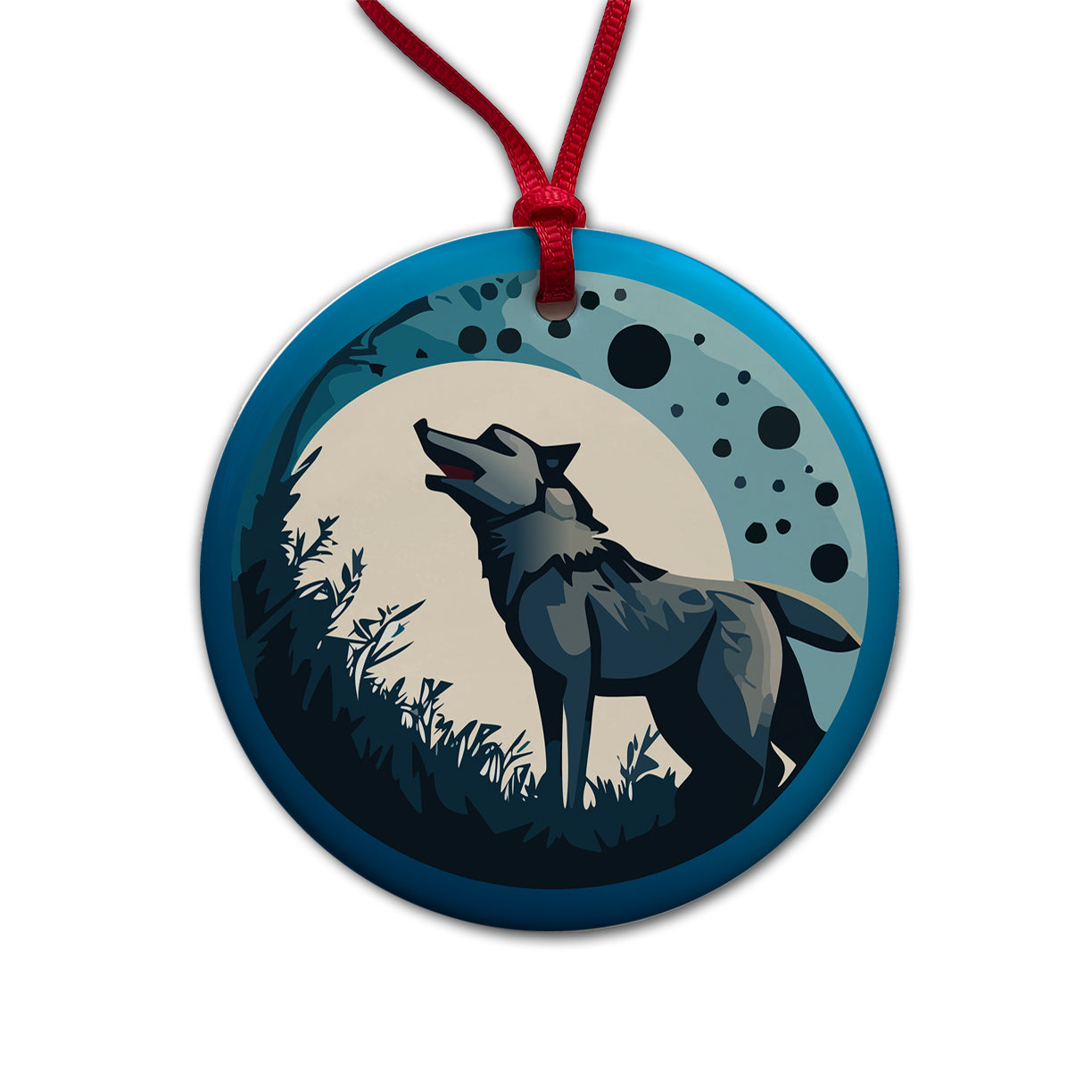 Wolf Howling Night Moon Round Ceramic Holiday Christmas Tree Ornament