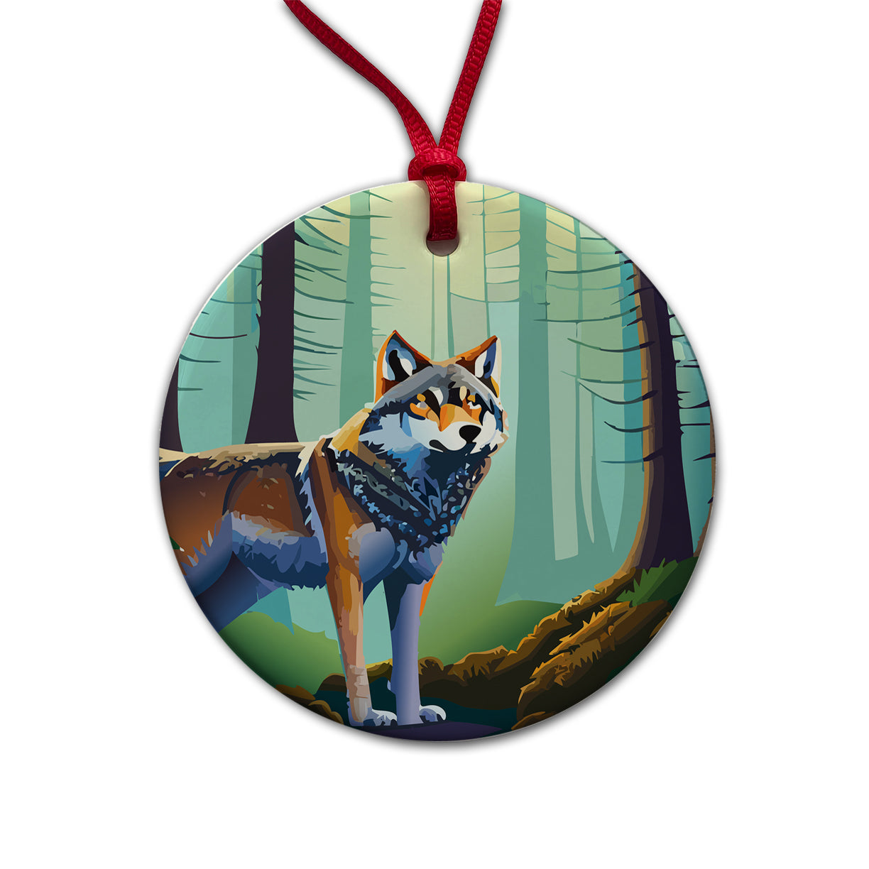 Wolf in Forest Woodland Wilderness Round Ceramic Holiday Christmas Tree Ornament