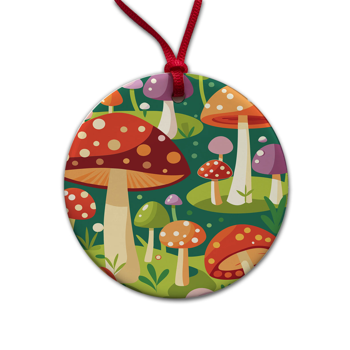 Woodland Mushrooms in the Forest Scattered Round Ceramic Holiday Christmas Tree Ornament