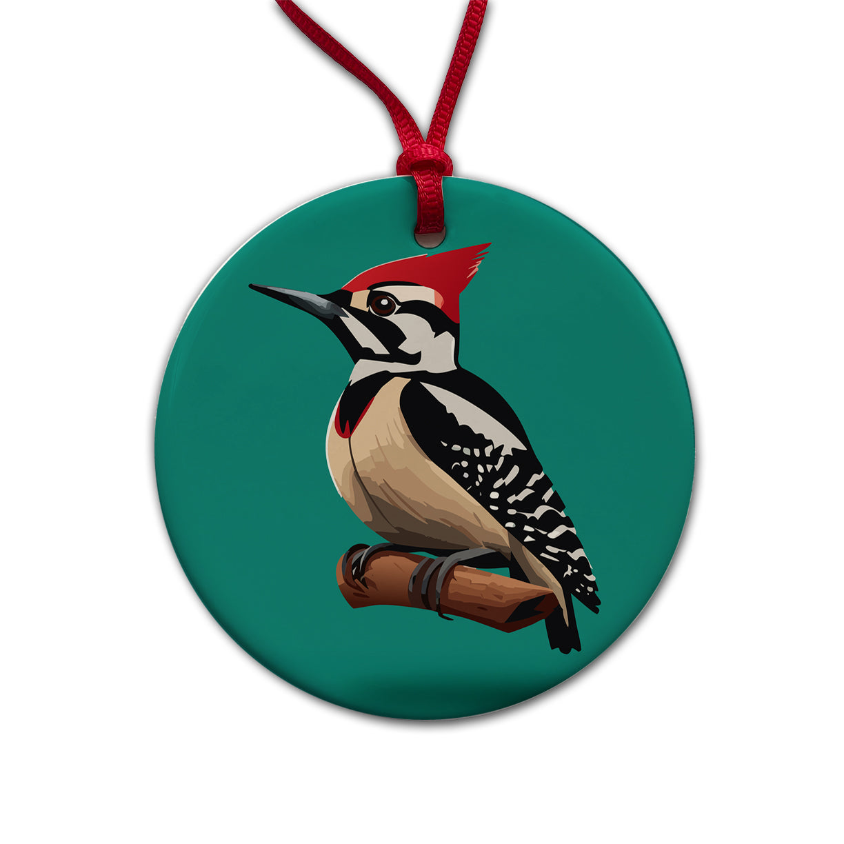Woodpecker Bird on Branch Round Ceramic Holiday Christmas Tree Ornament