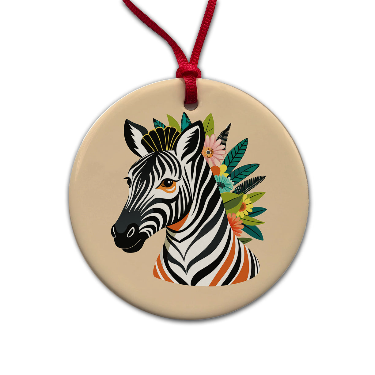 Zebra Head Floral Flowers Round Ceramic Holiday Christmas Tree Ornament