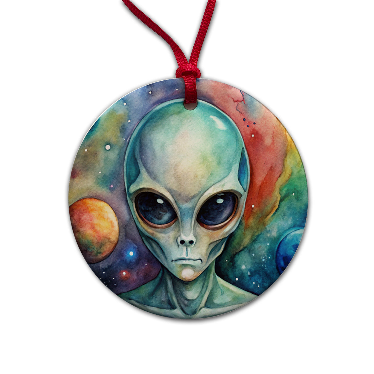 Alien In Space Watercolor Round Ceramic Holiday Christmas Tree Ornament