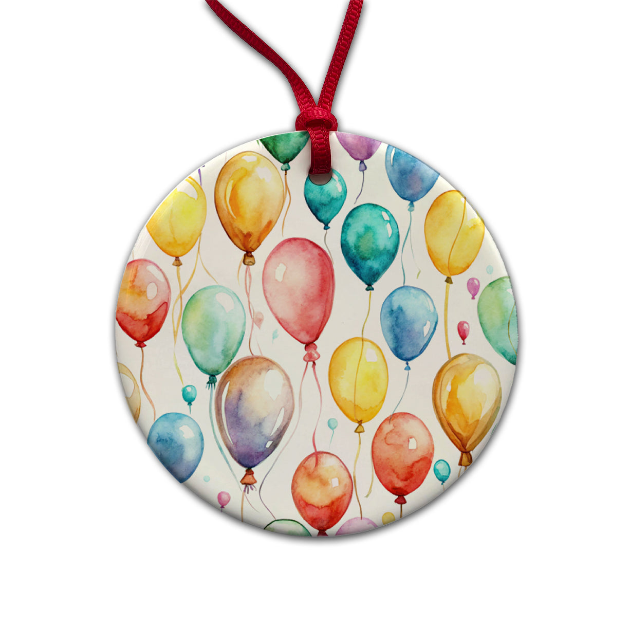 Balloons Colorful Watercolor Birthday Round Ceramic Holiday Christmas Tree Ornament