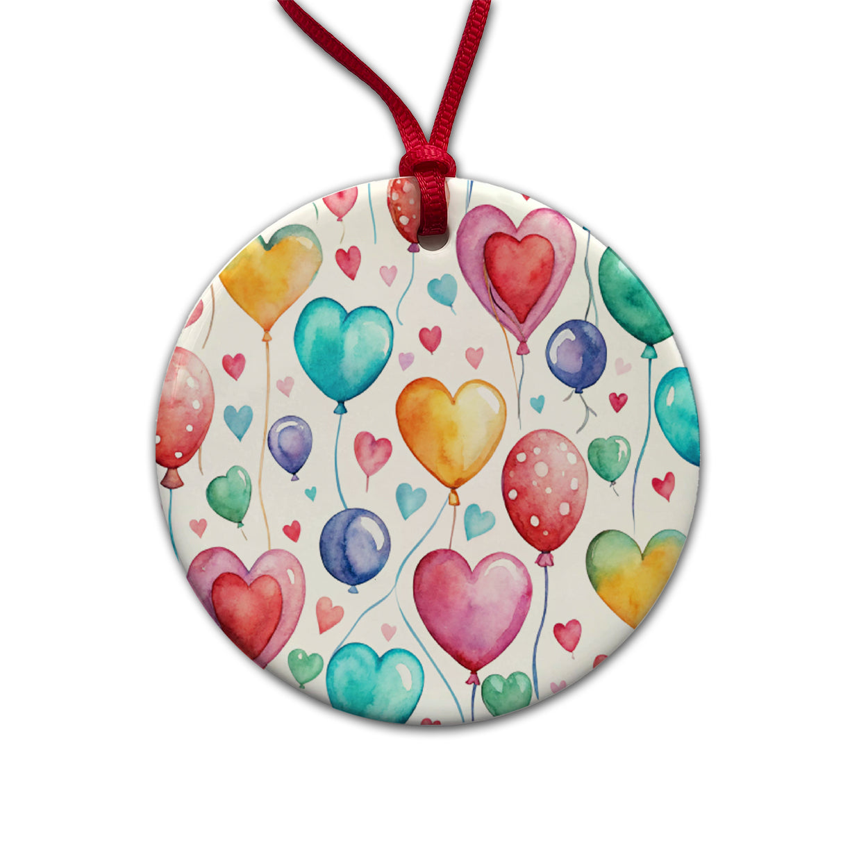Balloons Hearts Colorful Watercolor Birthday Round Ceramic Holiday Christmas Tree Ornament