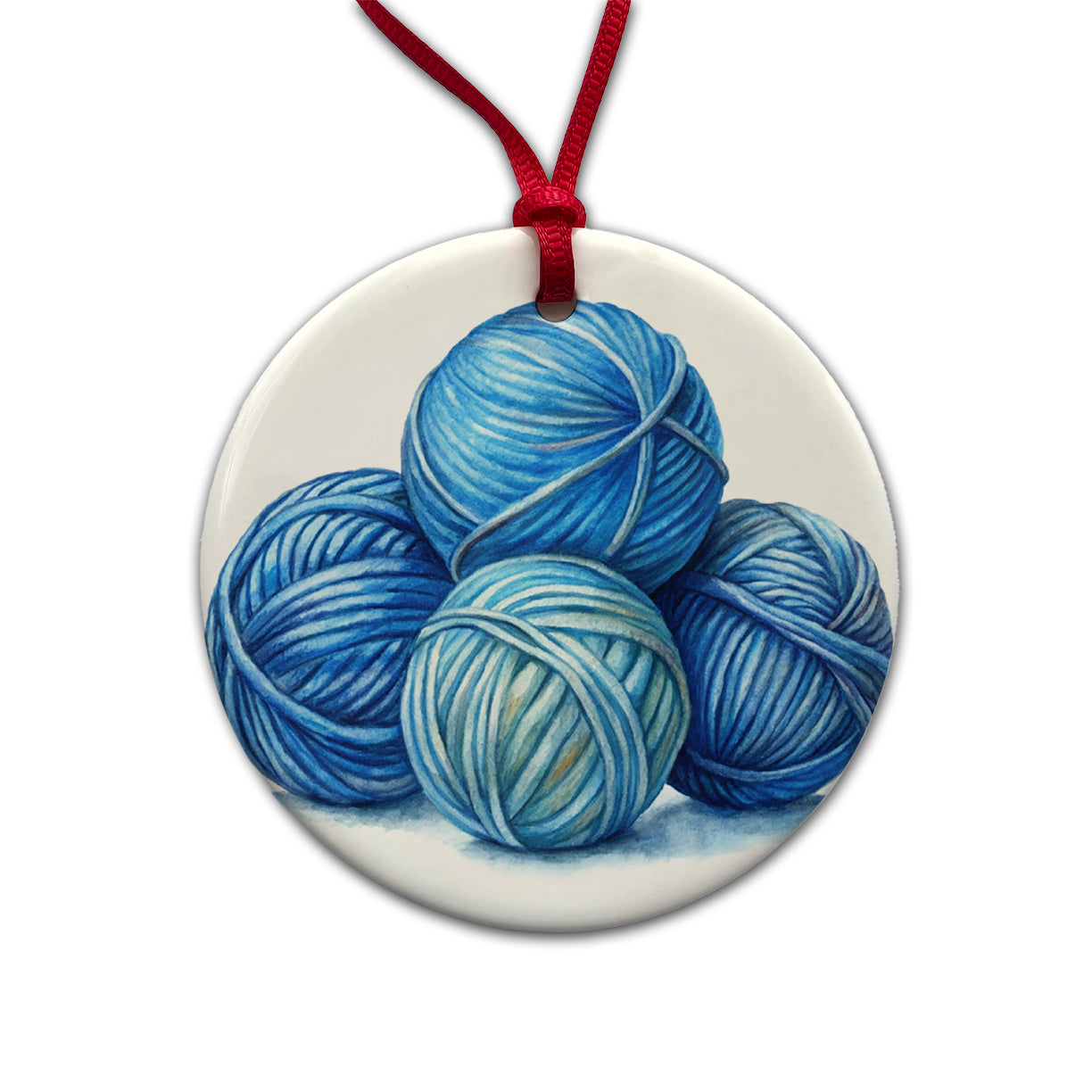 Balls Of Blue Yarn Knitting Crochet Watercolor Round Ceramic Holiday Christmas Tree Ornament