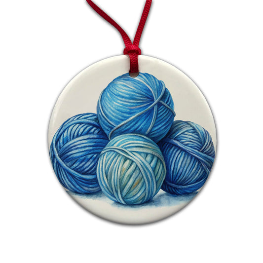 Balls Of Blue Yarn Knitting Crochet Watercolor Round Ceramic Holiday Christmas Tree Ornament