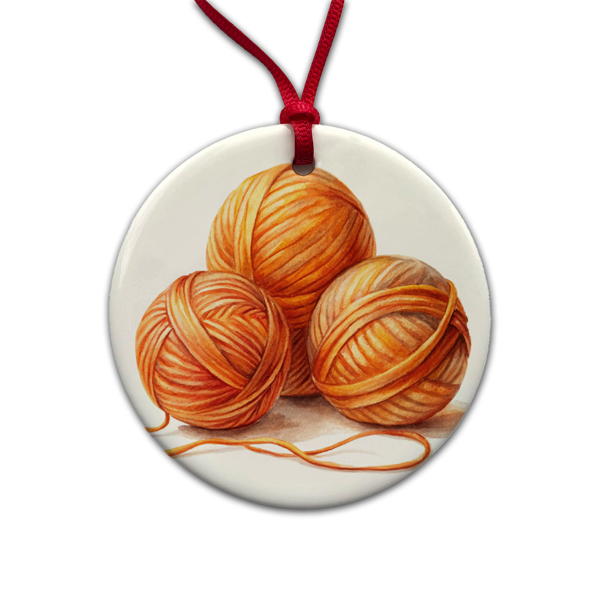 Balls Of Orange Yarn Knitting Crochet Watercolor Round Ceramic Holiday Christmas Tree Ornament