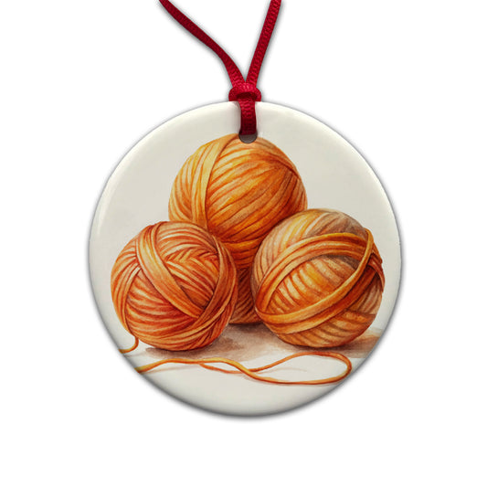 Balls Of Orange Yarn Knitting Crochet Watercolor Round Ceramic Holiday Christmas Tree Ornament