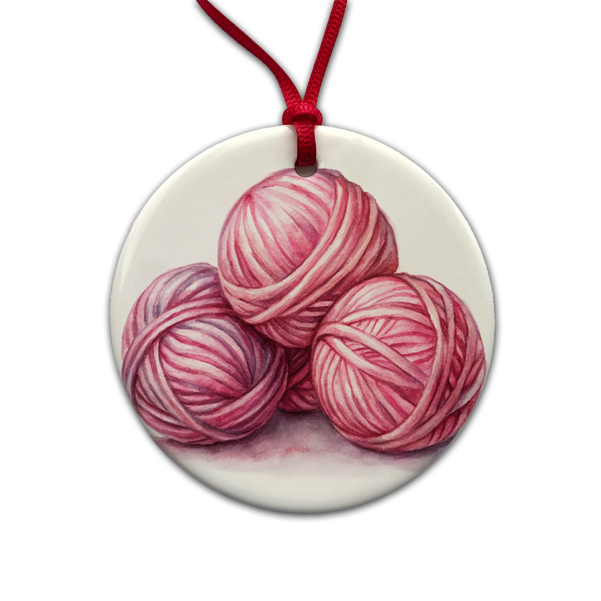 Balls Of Pink Yarn Knitting Crochet Watercolor Round Ceramic Holiday Christmas Tree Ornament