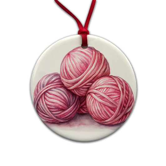 Balls Of Pink Yarn Knitting Crochet Watercolor Round Ceramic Holiday Christmas Tree Ornament