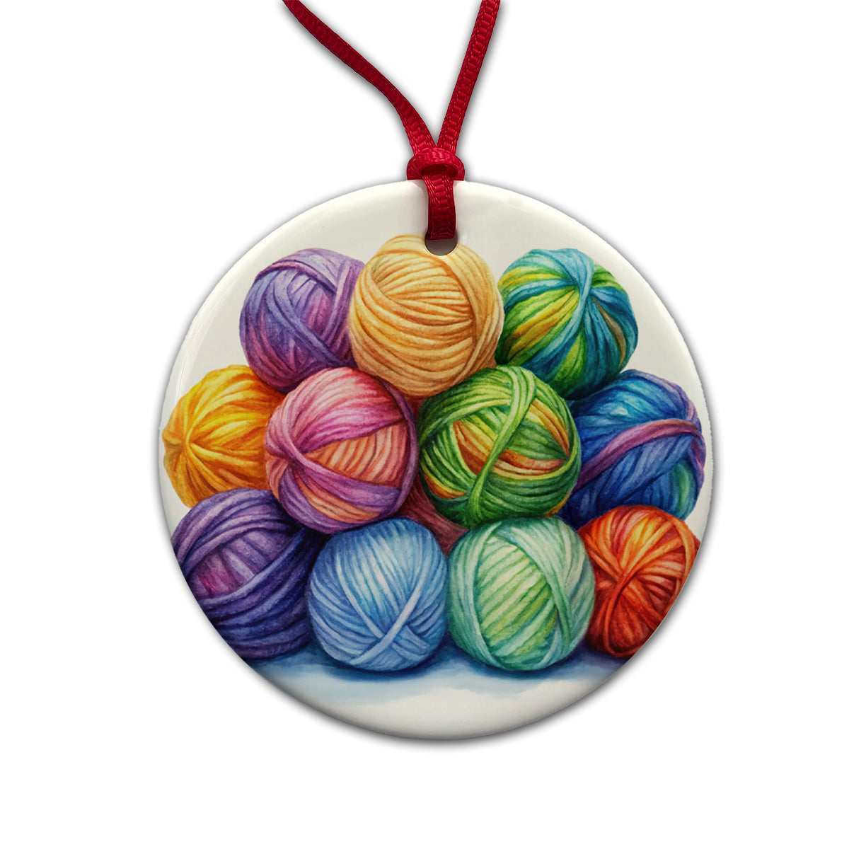 Balls Of Rainbow Yarn Knitting Crochet Watercolor Round Ceramic Holiday Christmas Tree Ornament
