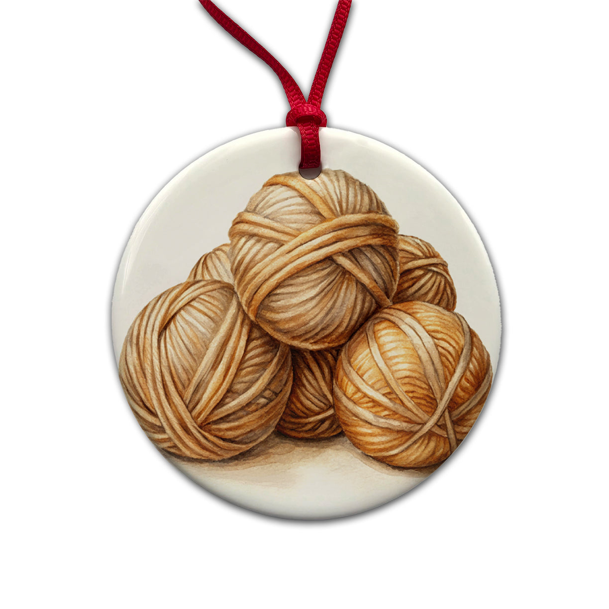 Balls Of Tan Yarn Knitting Crochet Watercolor Round Ceramic Holiday Christmas Tree Ornament
