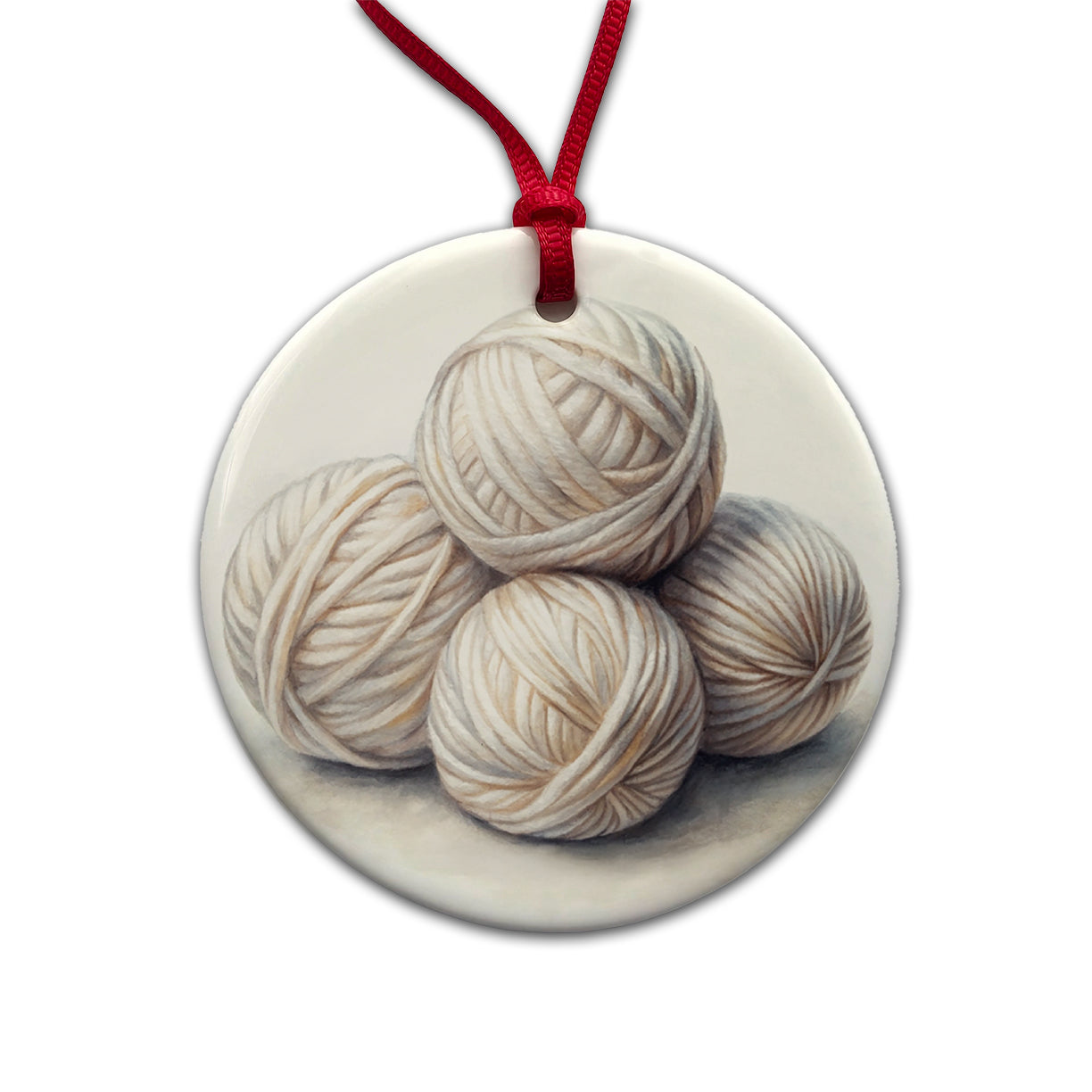 Balls Of White Yarn Knitting Crochet Watercolor Round Ceramic Holiday Christmas Tree Ornament
