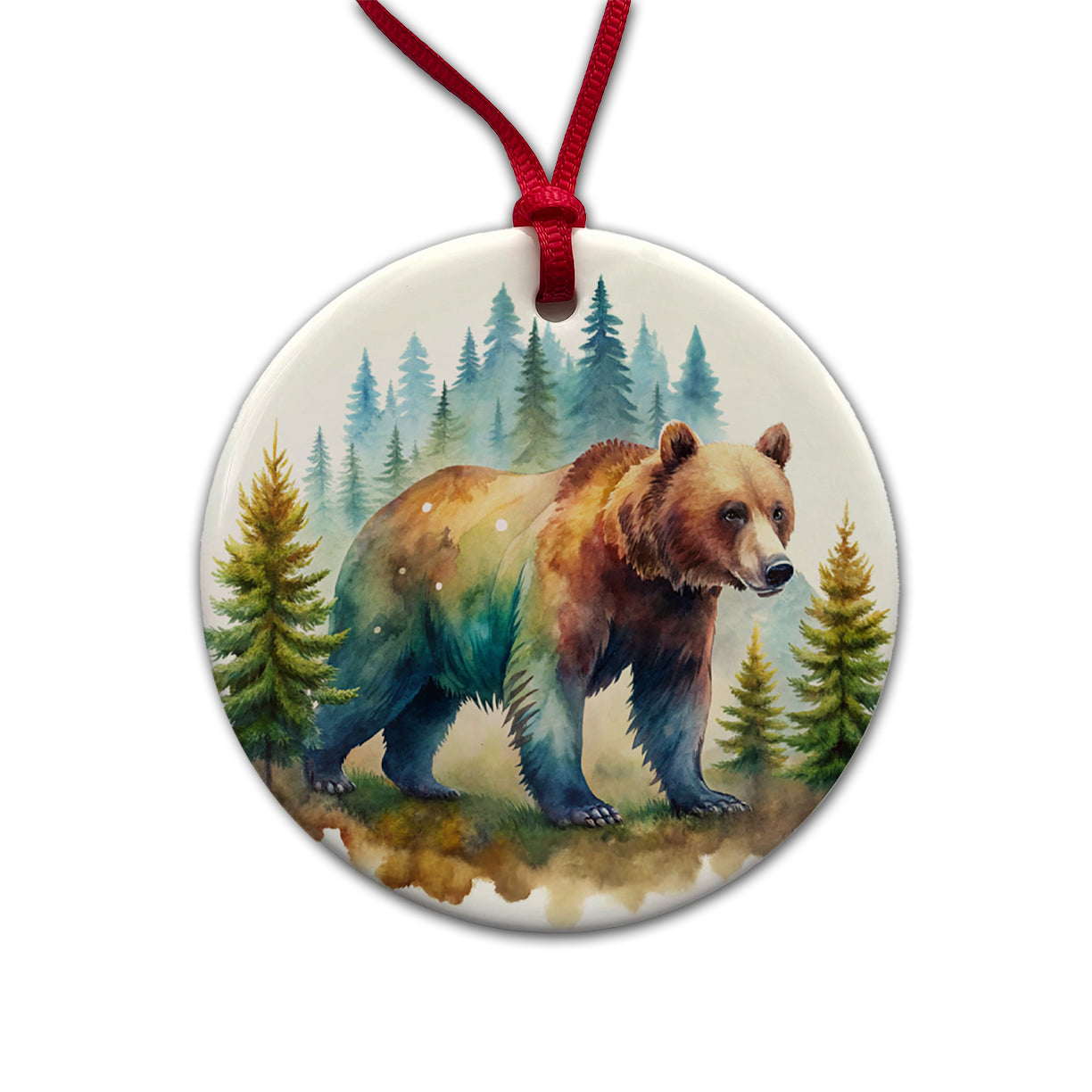 Bear In Forest Watercolor Design Round Ceramic Holiday Christmas Tree Ornament