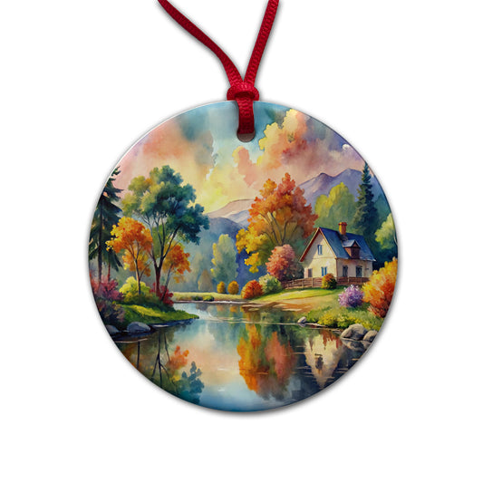 Beautiful Cottage Watercolor Round Ceramic Holiday Christmas Tree Ornament