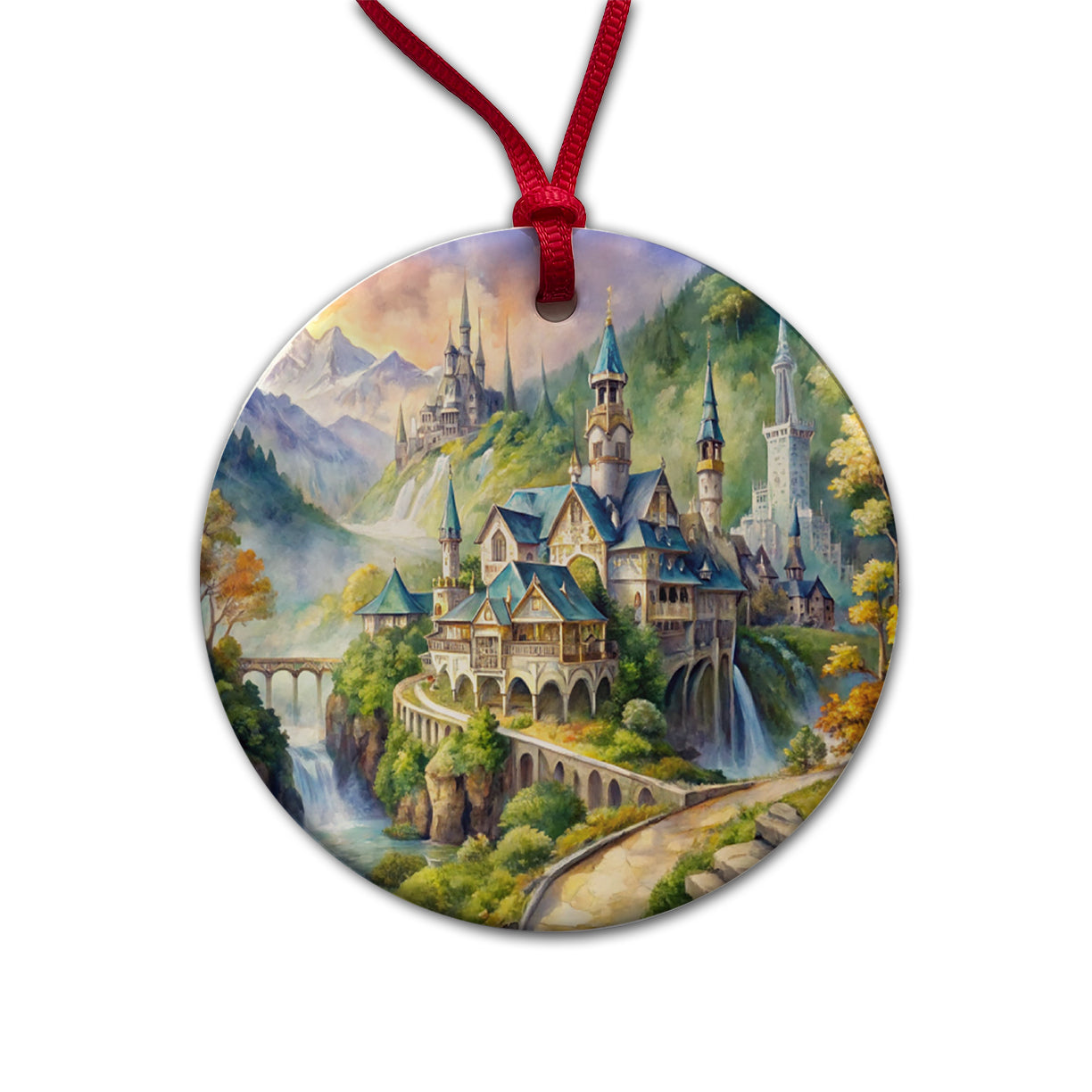 Beautiful Elvish Fantasy Watercolor Design Round Ceramic Holiday Christmas Tree Ornament