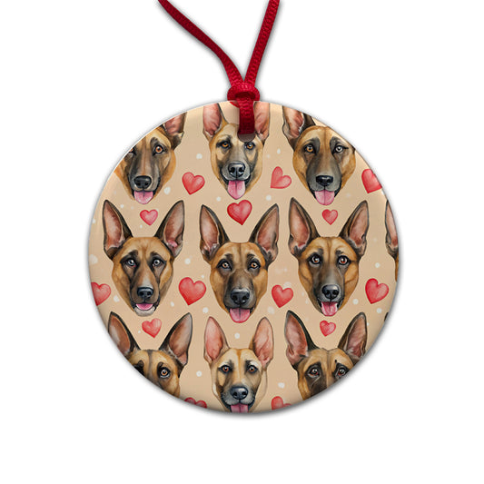 Belgian Malinois Dog Faces Hearts Round Ceramic Holiday Christmas Tree Ornament