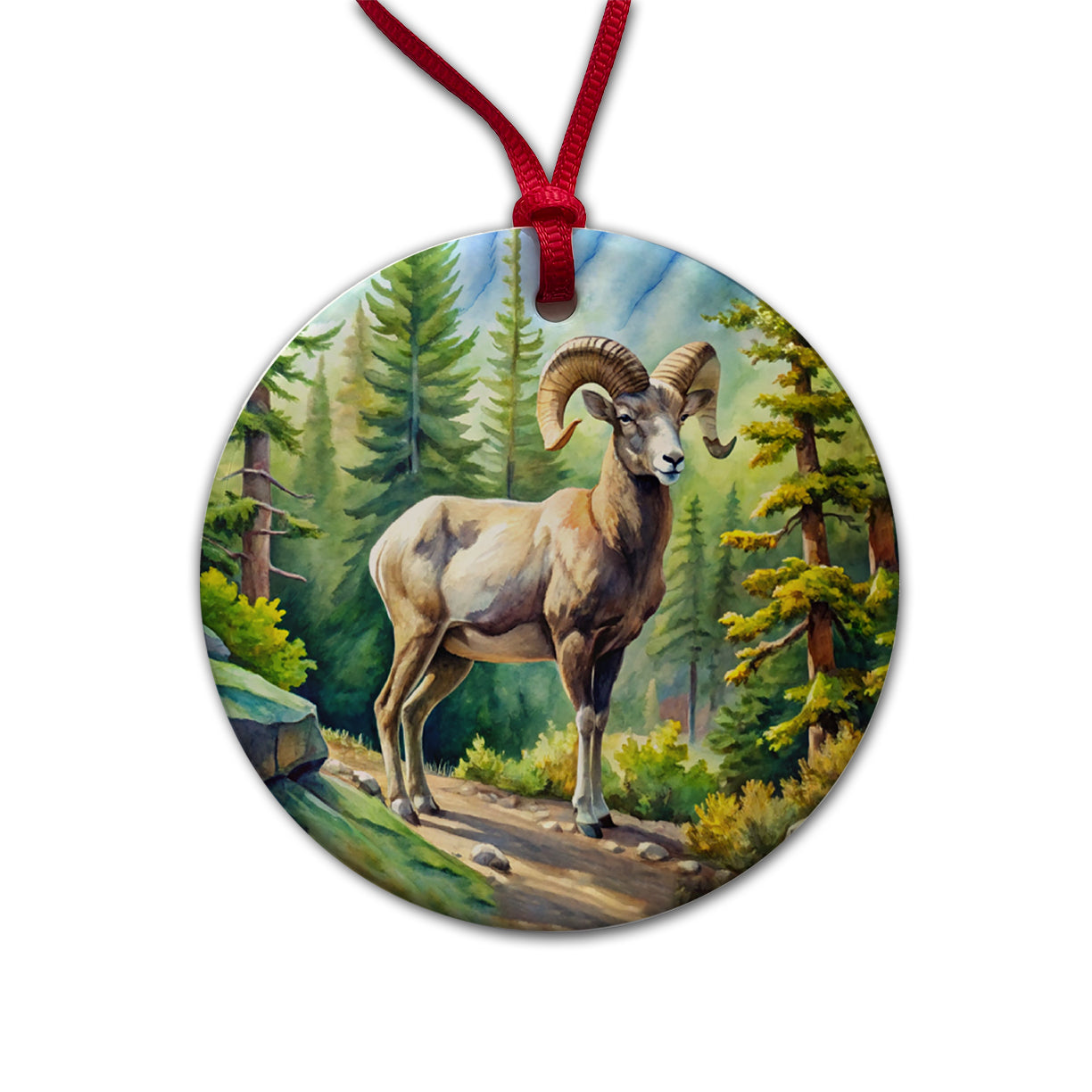Bighorn Sheep In Forest Watercolor Round Ceramic Holiday Christmas Tree Ornament