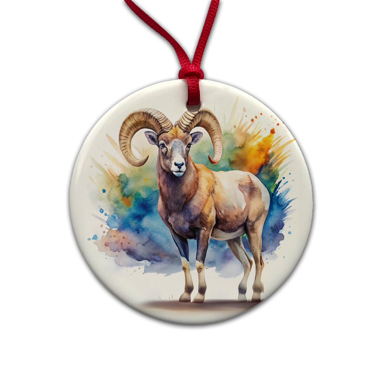 Bighorn Sheep Watercolor Design Round Ceramic Holiday Christmas Tree Ornament