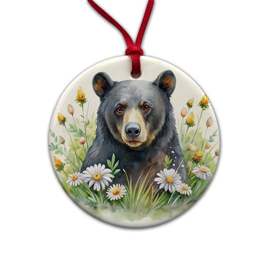 Black Bear Watercolor Design With Daisies Round Ceramic Holiday Christmas Tree Ornament