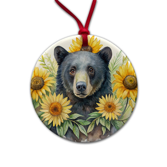 Black Bear Watercolor Design With Sunflowers Round Ceramic Holiday Christmas Tree Ornament