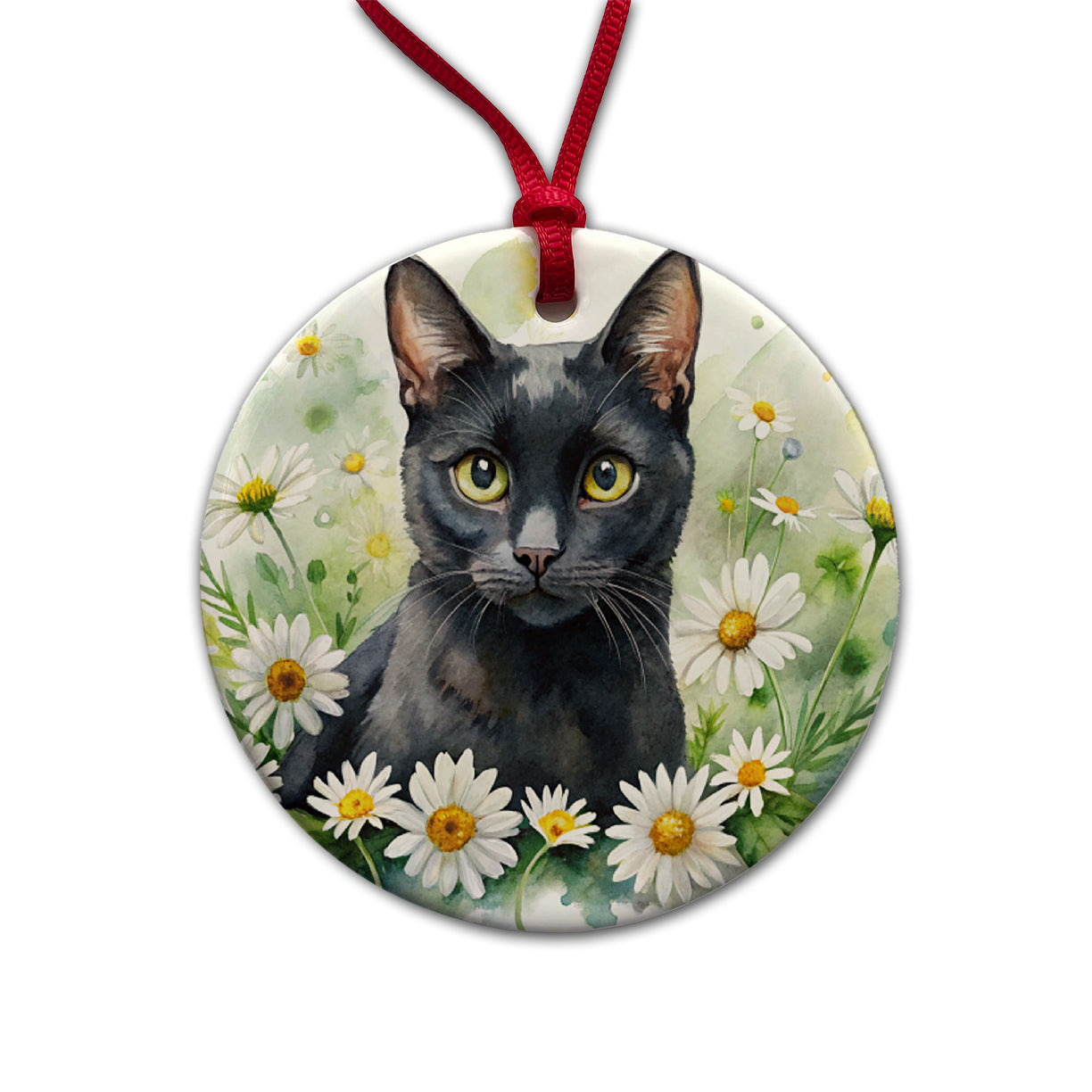 Black Cat Watercolor Design With Daisies Round Ceramic Holiday Christmas Tree Ornament