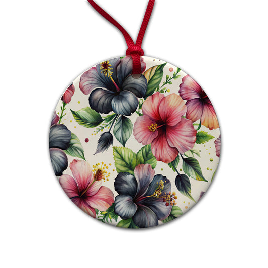 Black Pink Hibiscus Flowers Watercolor Round Ceramic Holiday Christmas Tree Ornament