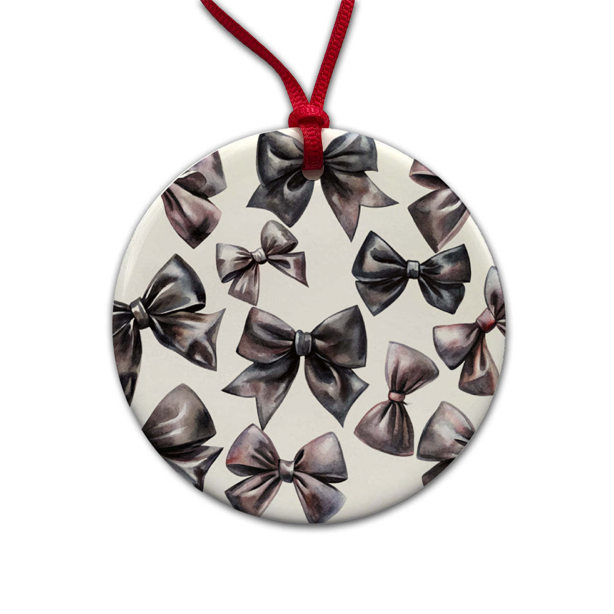 Black Scattered Coquette Bows Watercolor Round Ceramic Holiday Christmas Tree Ornament