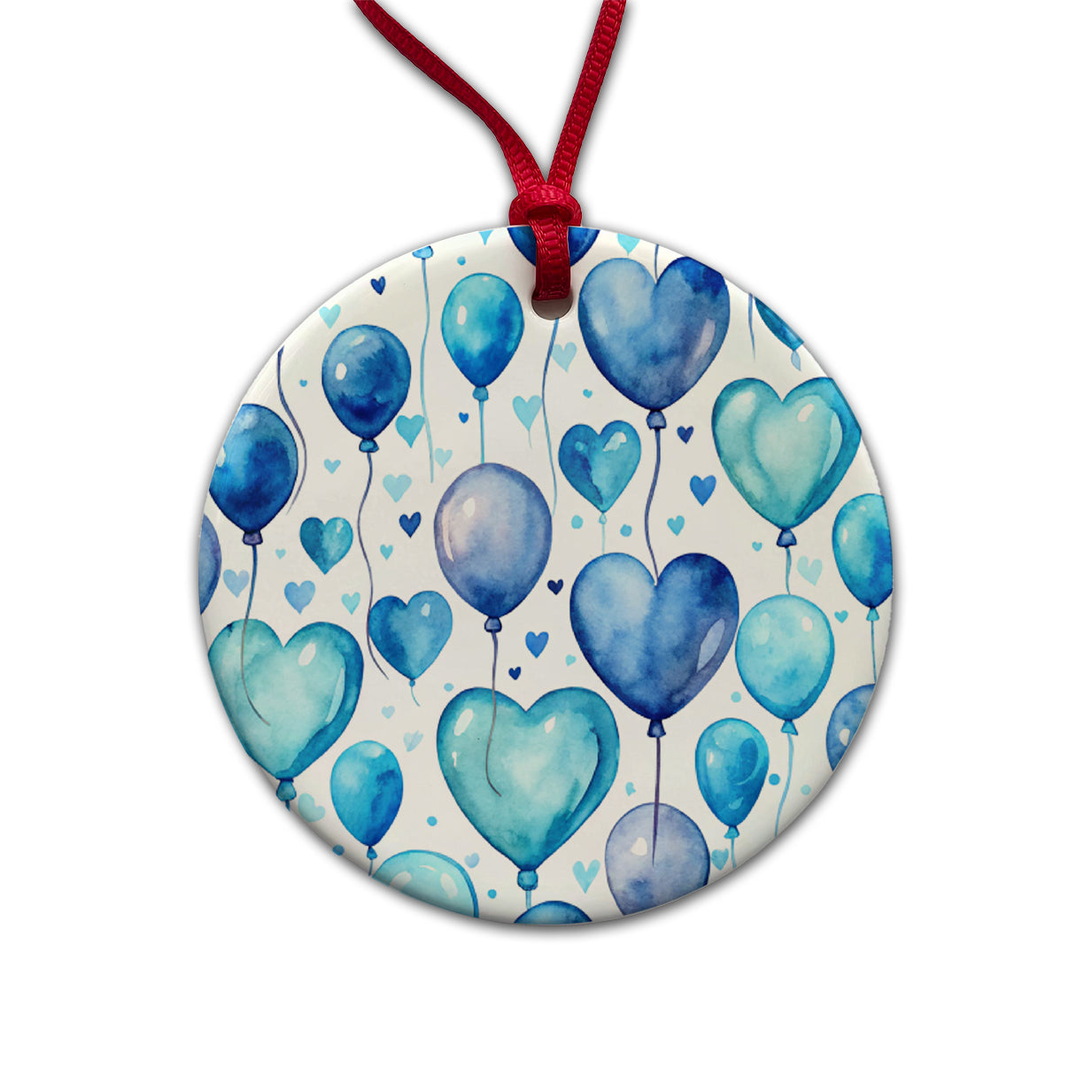Blue Balloons Hearts Watercolor Birthday Round Ceramic Holiday Christmas Tree Ornament