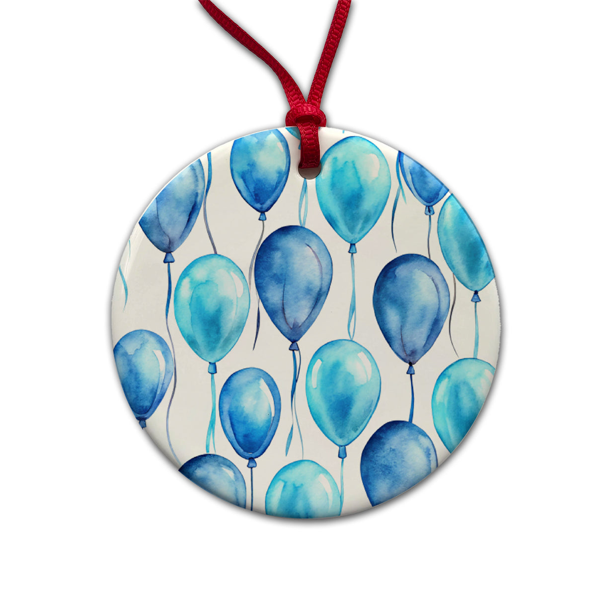 Blue Balloons Watercolor Birthday Round Ceramic Holiday Christmas Tree Ornament