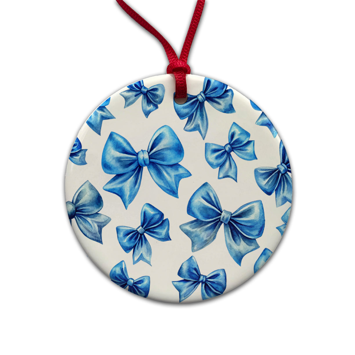 Blue Scattered Coquette Bows Watercolor Round Ceramic Holiday Christmas Tree Ornament