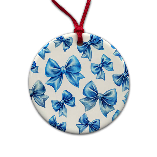 Blue Scattered Coquette Bows Watercolor Round Ceramic Holiday Christmas Tree Ornament