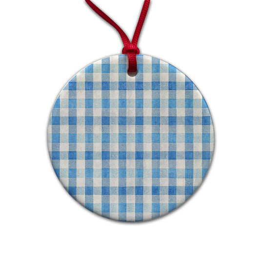 Blue White Gingham Watercolor Round Ceramic Holiday Christmas Tree Ornament