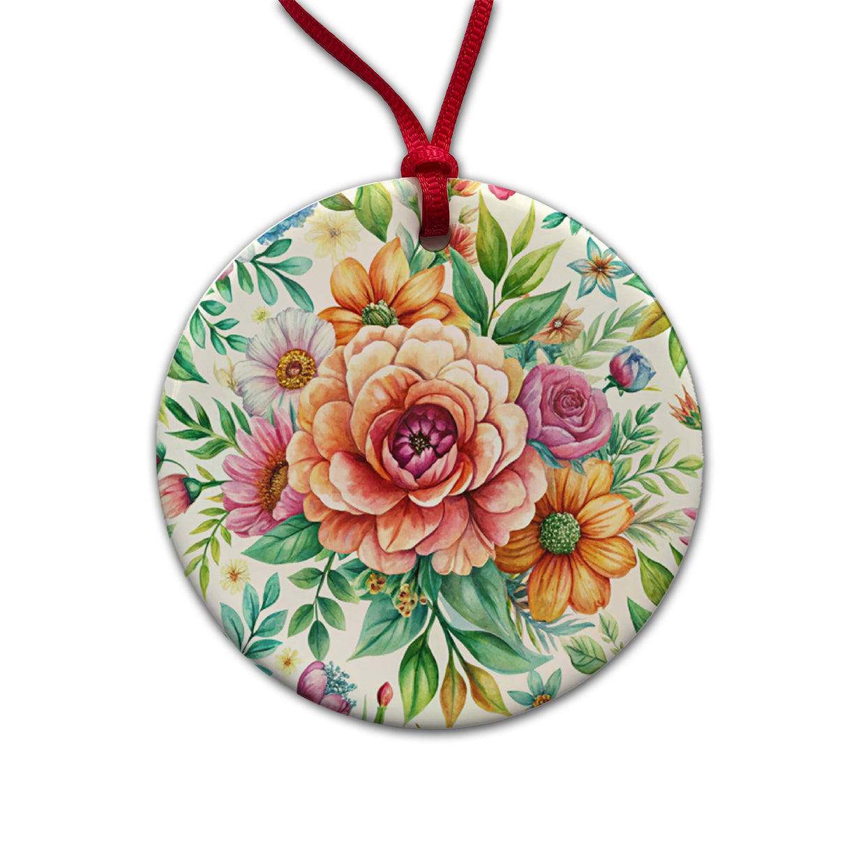 Boho Flowers Watercolor Round Ceramic Holiday Christmas Tree Ornament