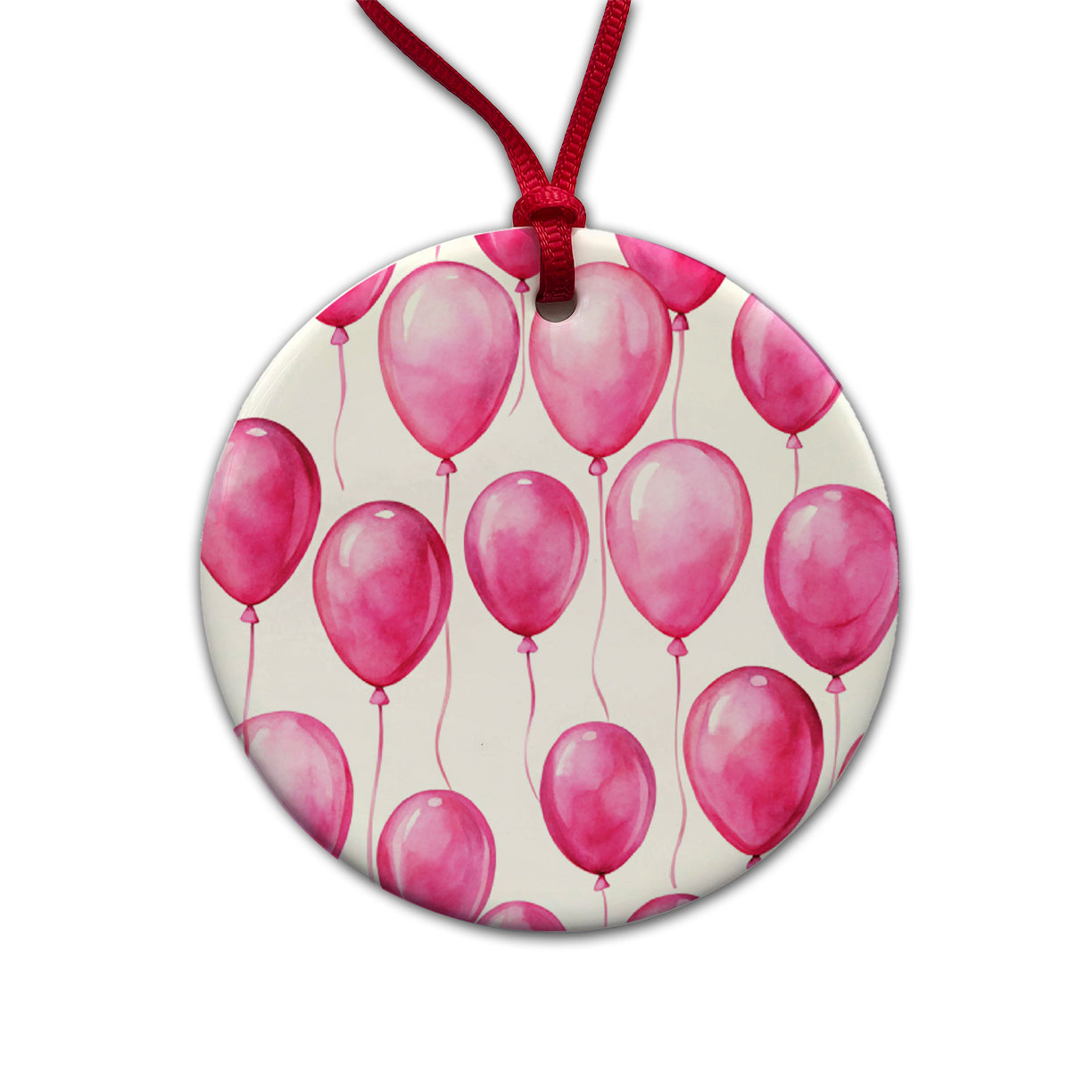 Bright Pink Balloons Watercolor Birthday Round Ceramic Holiday Christmas Tree Ornament