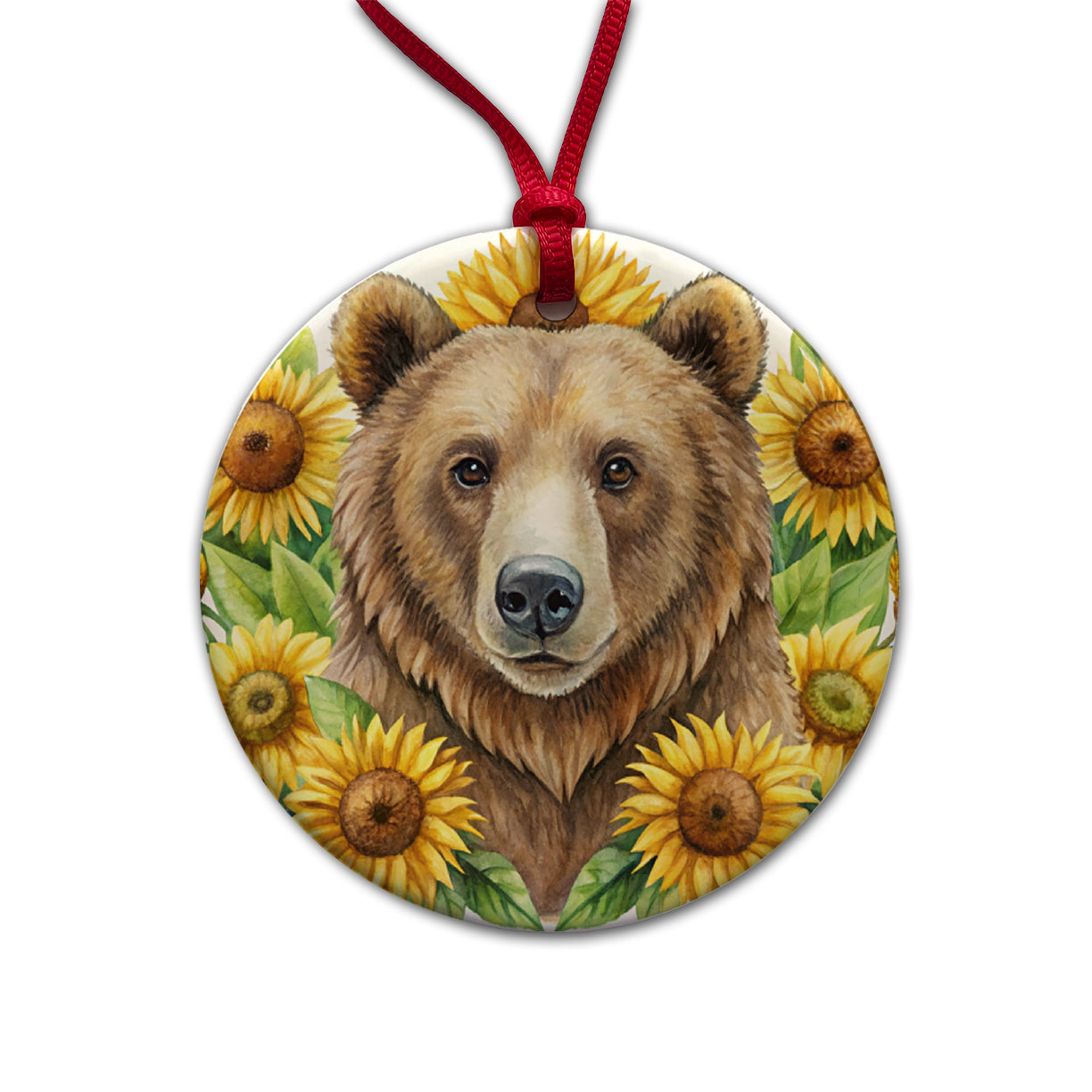 Brown Bear Watercolor Design With Sunflowers Round Ceramic Holiday Christmas Tree Ornament