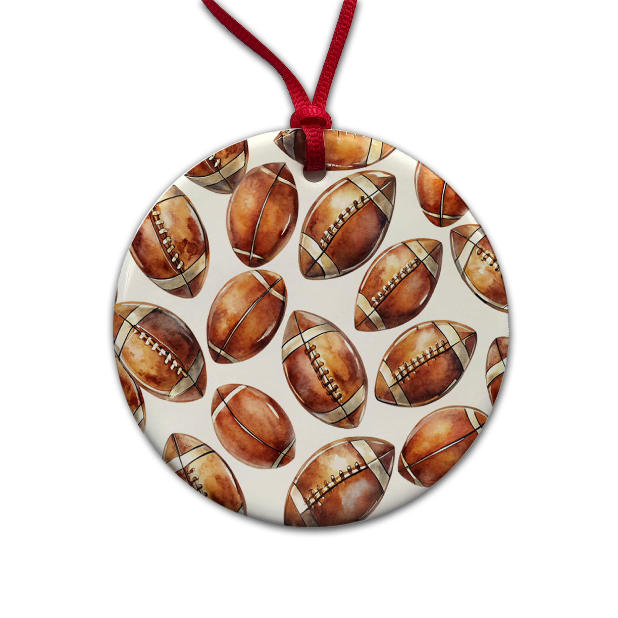 Brown Football Balls Watercolor Round Ceramic Holiday Christmas Tree Ornament