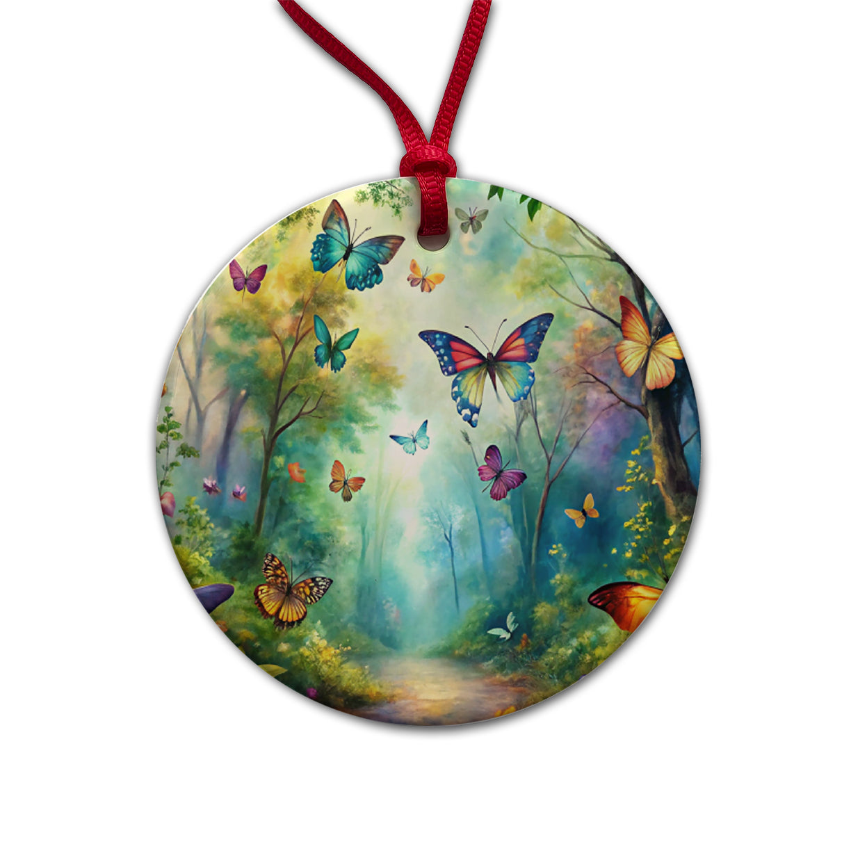Butterflies Forest Fantasy Watercolor Design Round Ceramic Holiday Christmas Tree Ornament