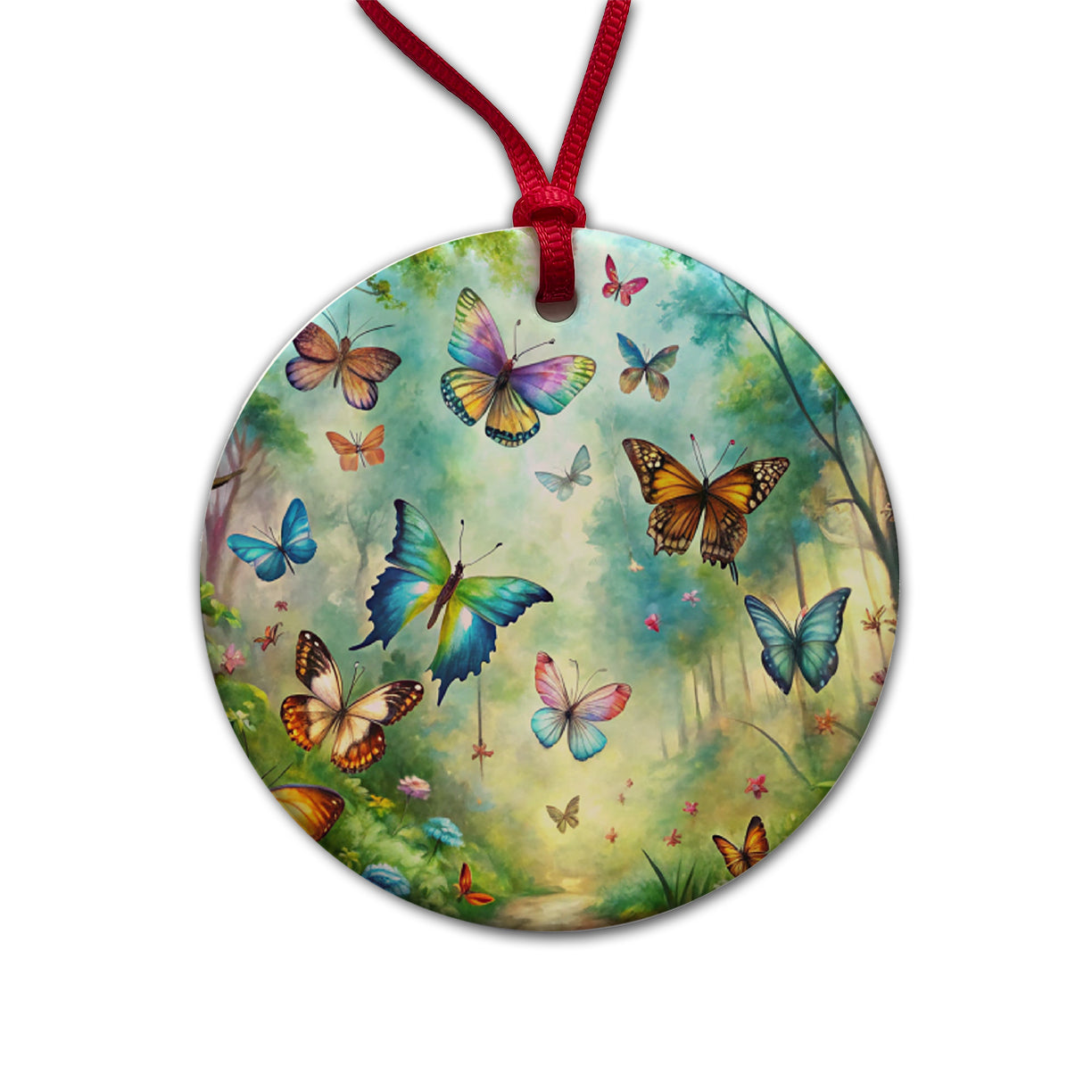 Butterflies In Forest Fantasy Watercolor Round Ceramic Holiday Christmas Tree Ornament