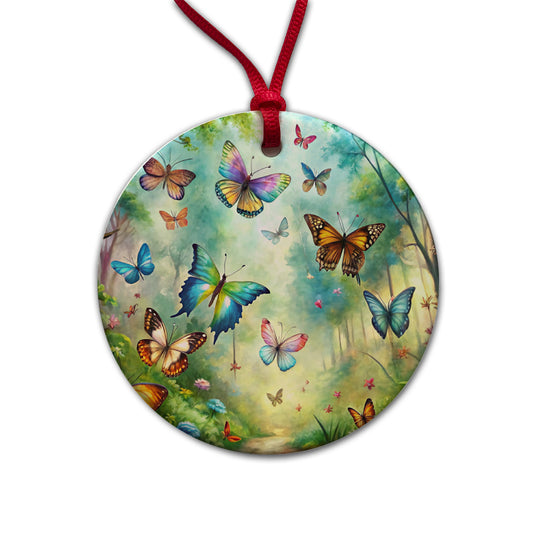 Butterflies In Forest Fantasy Watercolor Round Ceramic Holiday Christmas Tree Ornament